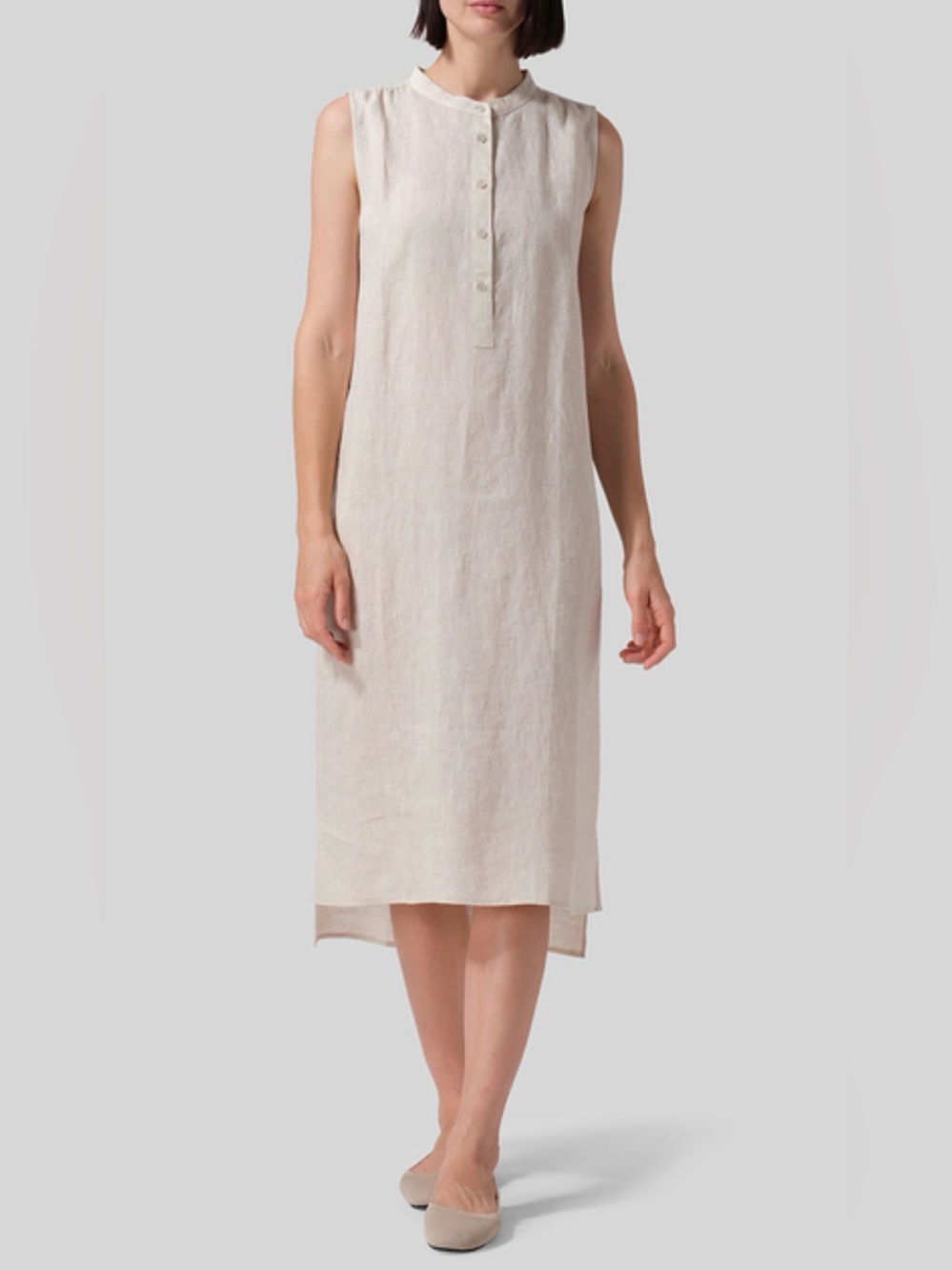 Vivid Linen Oat Sleeveless Mandarin Collar Shift Dress Midi High-Low Hem Size XL